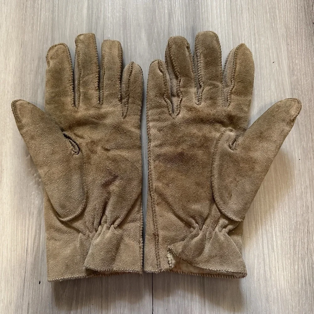 Aris Brown Suede Leather Gloves Sz M Faux Sherpa Lined * Has Some Discoloration